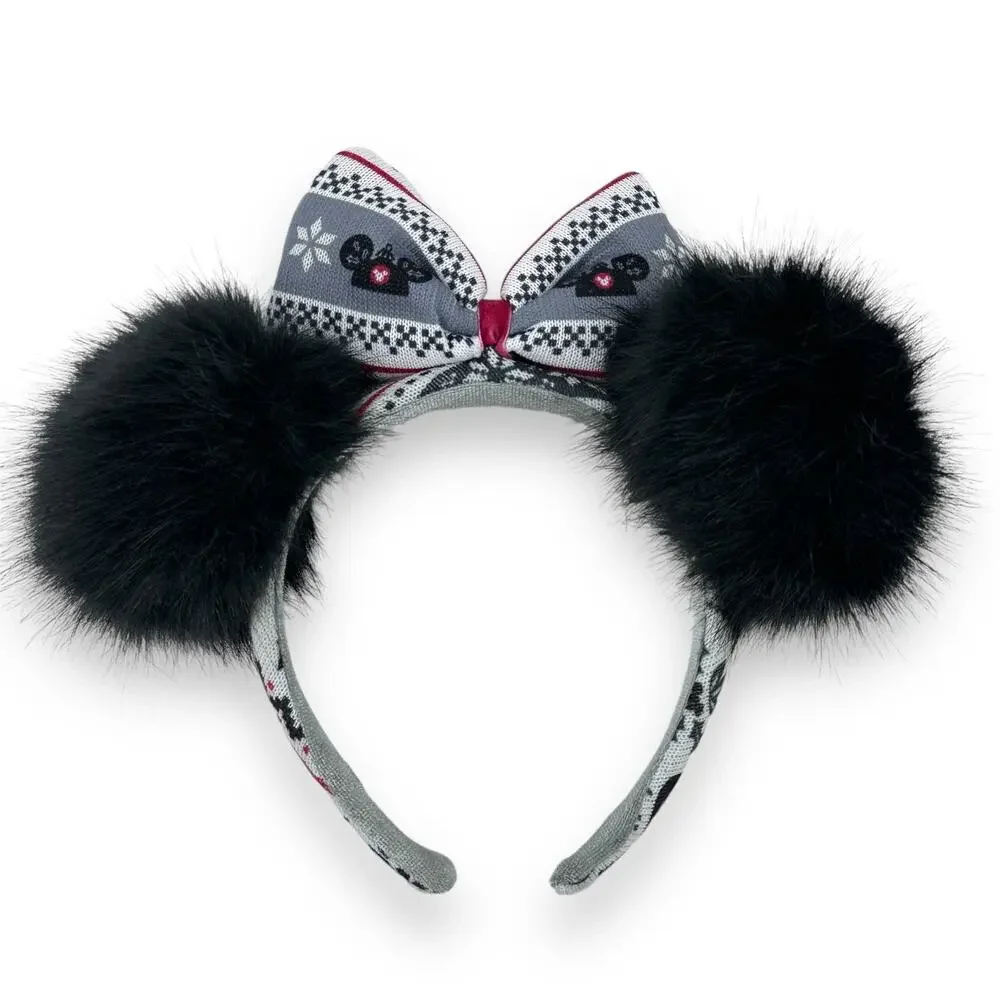 Disney Minnie Mouse Holiday Christmas Faux Fur Fuzzy Ears Sweater Bow Headband